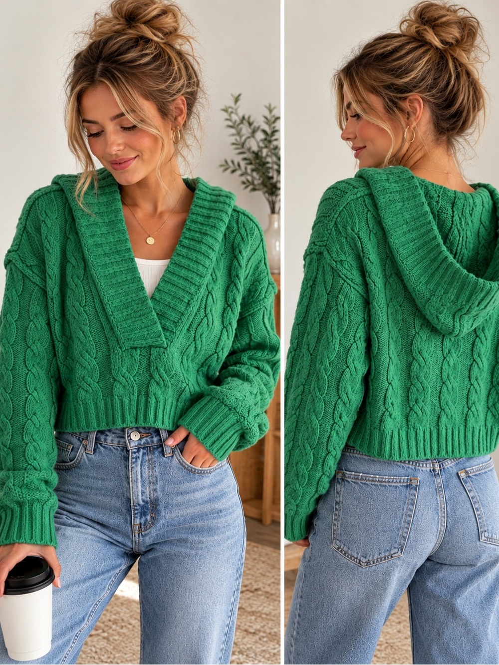 American Eagle Green Cable Knit Hooded Cropped Sweater XS